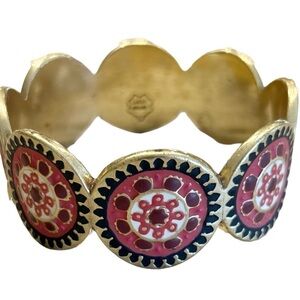 Lucky Brand Suzani Coral Red Enamel Mandala Boho Scalloped Wide Bangle Bracelet